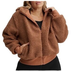 Fabletics Summit Teddy Jacket Sherpa Womens XL Hooded Brown Oversized Chunky Zip